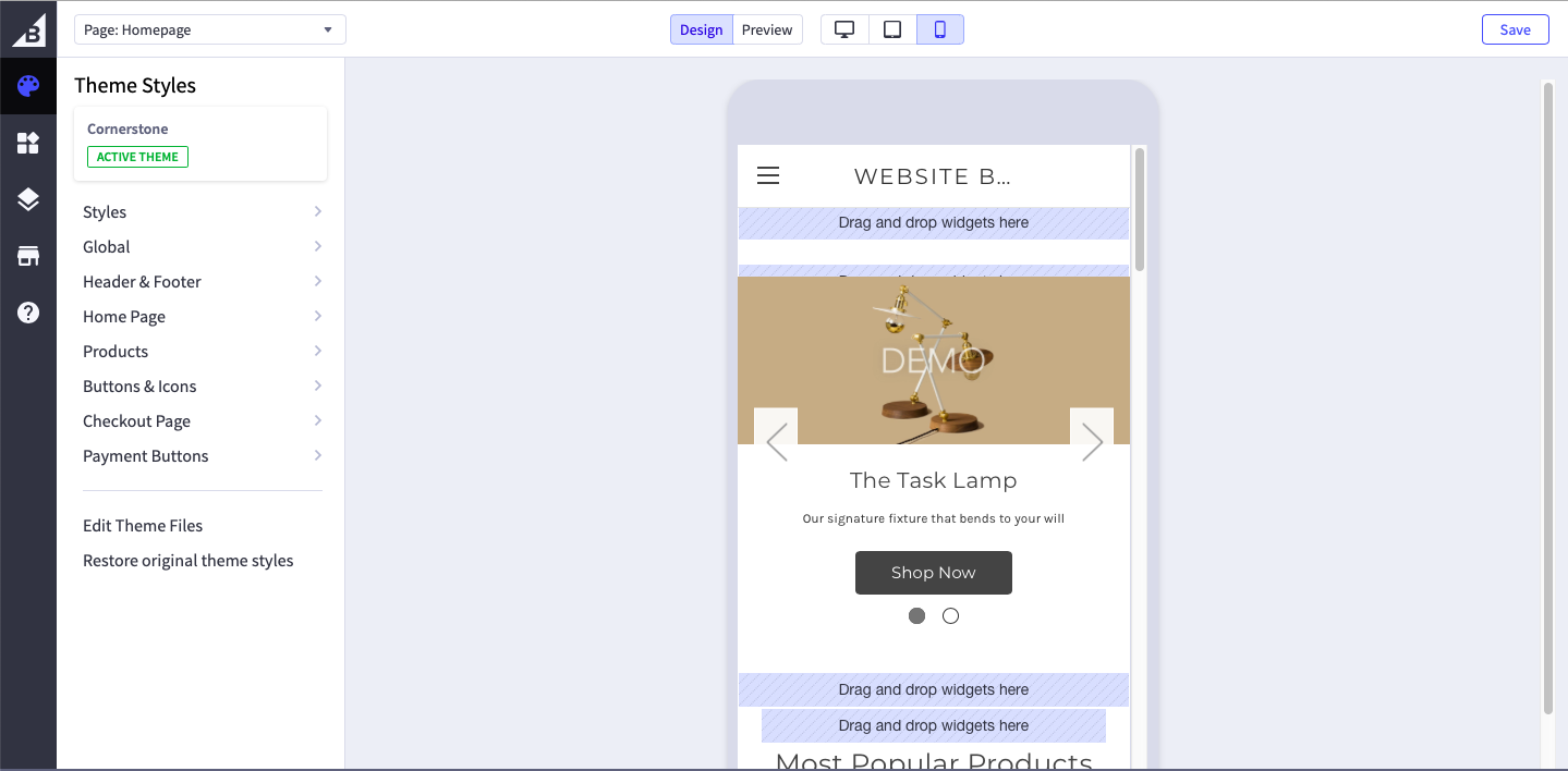 bigcommerce mobile editor dashboard screenshot