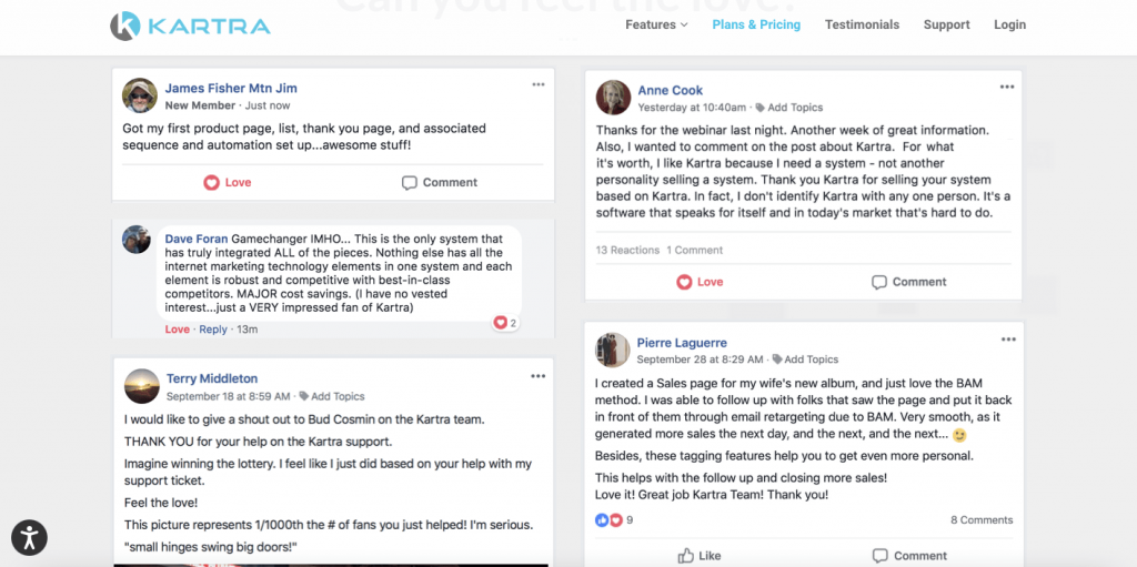 Kartra customer testimonials from Facebook