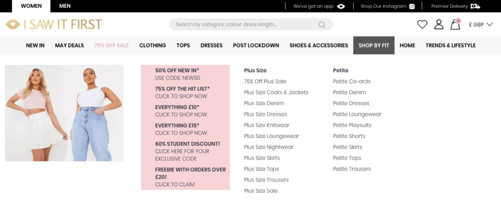 I Saw It First is one of the most successful Shopify stores and this is their petite and plus size category menu